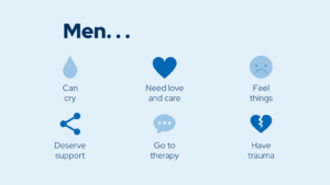 Graphic with icons stating men can cry, need love and care, feel things, deserve support, go to therapy, and have trauma.