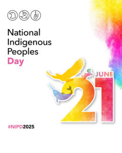 The left side features the text “National Indigenous Peoples Day” with “Day” in pink, and above it are three icons: an eagle head, a beaver, and a fiddle. The right side shows a colorful design of the date “June 21” with silhouettes of a narwhal, eagle, and human figure. A burst of rainbow-colored powder decorates the upper right corner.
