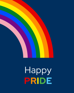 Rainbow graphic with the words “Happy Pride” on a dark blue background.