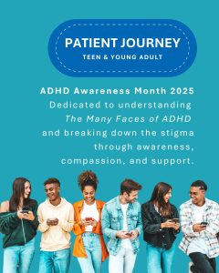 A blue background image with a group of young adults features information about ADHD Awareness Month 2025. 