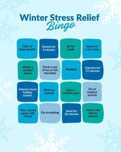 Bingo checkerboard in blues and teal with snowflakes in the background. Headline text ‘Winter Stress Relief’.
