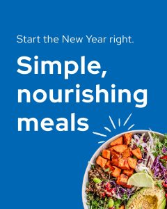 Four images that illustrate nourishing meals to start the new year, including a baked lemon pepper salmon, a vegan Buddha bowl, and a hot spiced apple cider.