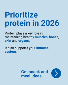 Five images that focus on food sources of protein – such as meat, seafood, eggs, dairy, legumes, nuts and seeds, and soy products – and snack and meal ideas, such as a Greek yogurt and muesli bowl, hummus with carrots or pita, nut butter and apple slices and fish and vegetable tacos. The last image says that everyone’s protein needs are different and if you need help understanding your needs, consider booking an appointment with your doctor or meet with a PCN registered dietitian.