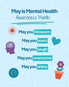 Illustrations of sun, heart, human head, smiley face, and a potted flower with main headline that reads “May is Mental Health Awareness Month”.